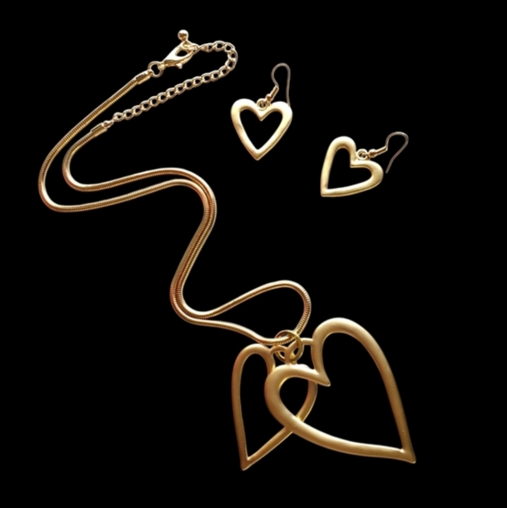 Gold Double Heart Necklace and Earrings Set